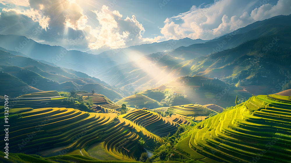 Poster panoramic view of terraced rice fields in the mountains with sunlight filtering through the clouds