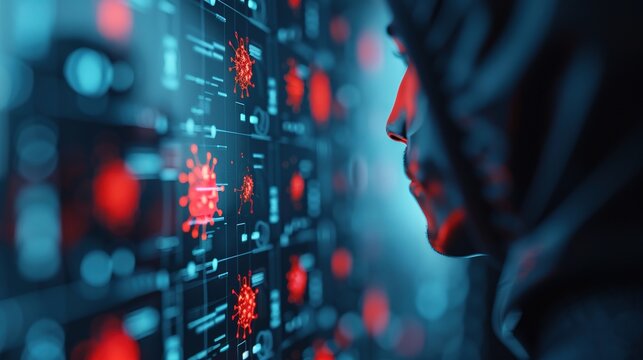 Cybersecurity Threat Visualization: Abstract Network Grid with Malware Symbols and Human Figure - Powered by Adobe
