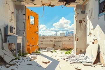 A vibrant scene of a ruined room displaying bright skies, peeling walls, and nature reclaiming space through the broken door.