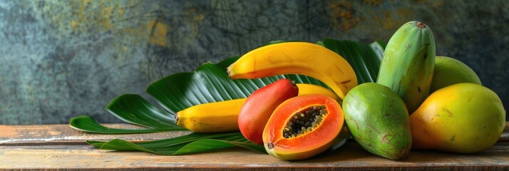 Ripe papaya Green guava and Ripe banana tropical fruits with banana leaf wrapping on wooden table