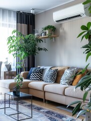 A contemporary living room featuring a cozy sofa, decorative pillows, and green plants, complemented by an air conditioner mounted on the wall. Generative AI