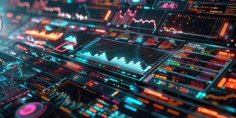 Fototapeta premium Futuristic digital interface with glowing graphs.