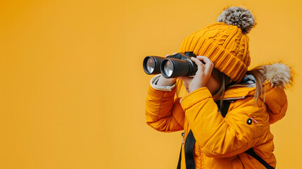 Fototapeta premium Photo of a child in explorer gear looking through binoculars on a yellow background 