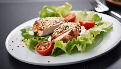 Baked chicken with sesame, lettuce and tomatoes. Close up. 