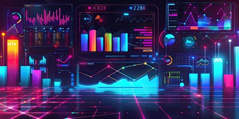 Neon data visualization with glowing graphs and charts.