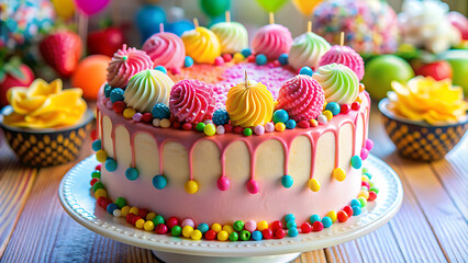 Title: "Visually Stunning Birthday Cake Composition: A Journey into a World of Whimsy and Delight" Traditional Italian dessert. Selective focus. generative ai