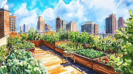 Fototapeta premium Urban Rooftop Garden with Lush Vegetation and City Skyline on a Sunny Day