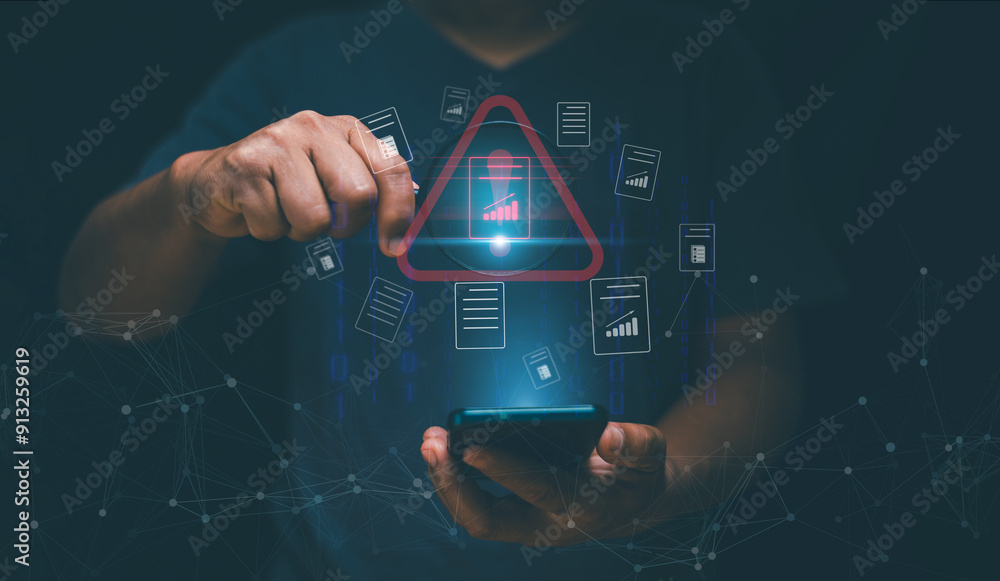Poster Online data security concept. Man using smartphone and holding magnifying glass with caution warning sign and file warning alert on virtual screen. Hacker attacks. Detection dangerous worms.