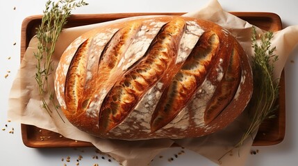Close view of freshly baked bread, front view from above, studio lighting, isolated white background.