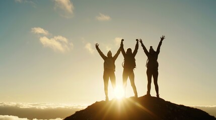 Joyful Friends Celebrating Successful Hike with Cheering on Hilltop