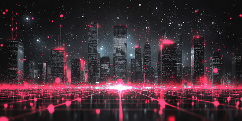 Obraz premium A digital concept of a smart city skyline over a network grid with floating particles, depicted in blue tones against a dark background