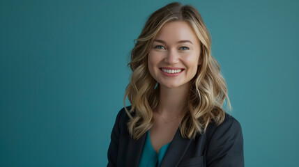 Fototapeta premium Photo of woman with blonde hair in a business suit smiling at the camera against a teal background 