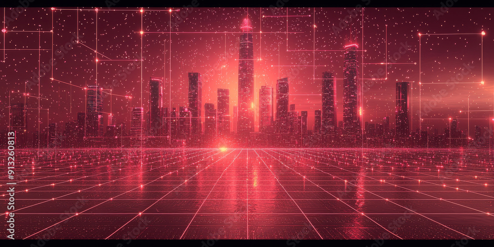 Wall mural a digital concept of a smart city skyline over a network grid with floating particles, depicted in b