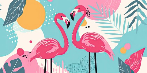 Naklejka premium Two pink flamingos on a colorful abstract background.