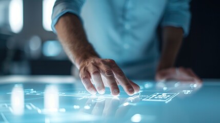 Fototapeta premium Modern Entrepreneurial Strategy Session on High-Tech Smart Touch Table in Office Setting
