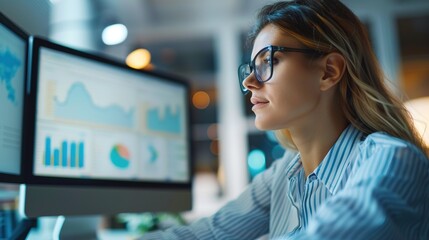 Fototapeta premium Determined Businesswoman Tracking Progress on Digital Dashboards in High-Tech Office