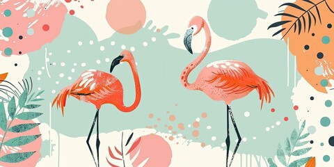 Naklejka premium Two pink flamingos on a blue and white background.