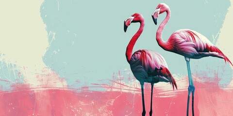 Two pink flamingos on an abstract background.