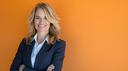Photo of woman with blonde hair in a business suit smiling at the camera against an orange background 