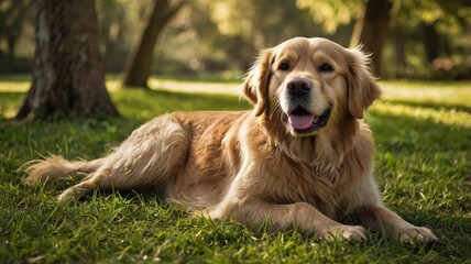 Obraz premium A golden retriever is laying on the grass in a park