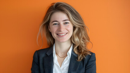 Photo of woman with blonde hair in a business suit smiling at the camera against an orange background 