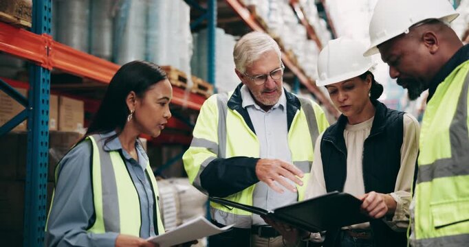 Logistics, discussion and supply chain team in storage for delivery price or transit process. Talking, industry factory and distribution operation group with report for import inflation in warehouse.