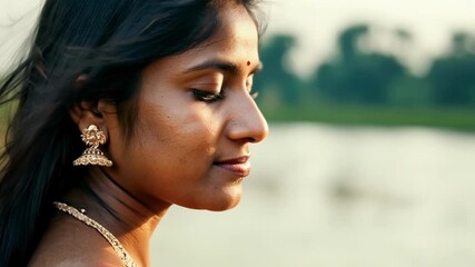 A woman with long black hair and gold earrings is looking at the camera
