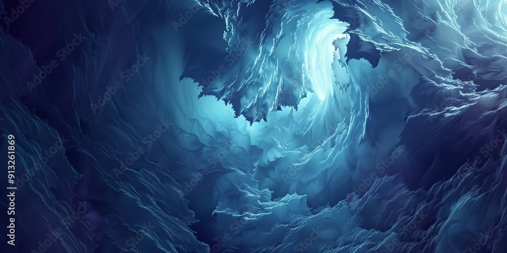 Poster a blue and white image of a spiral with a blue background. the spiral is made up of small dots and h