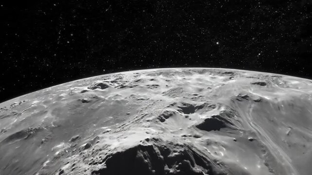 A close up of a planet with a lot of craters on it. The planet is in the middle of the image and is surrounded by a lot of stars