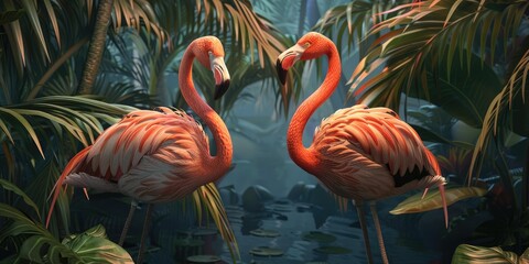 Fototapeta premium Two pink flamingos in tropical foliage.