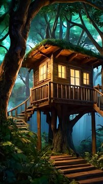 A charming treehouse nestled in the lush foliage of a towering tree in the heart of a dense forest