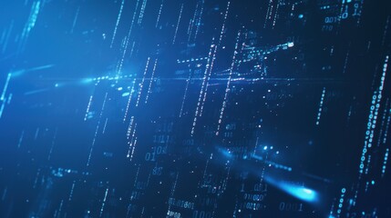 Fototapeta premium Digital backdrop featuring data and precision binary code with glowing particles with dark abstract blue light effects, elements add futuristic depth