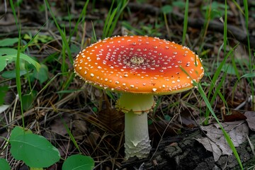 A large red mushroom with white spots sits on the ground. The mushroom is surrounded by green grass and leaves