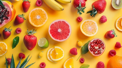 Naklejka premium Fresh citrus fruits and berries on yellow background