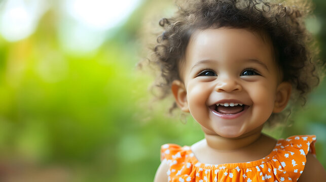 Adorable smiling black toddler girl with curly hair wearing orange dress outdoors in sunlit garden - Powered by Adobe