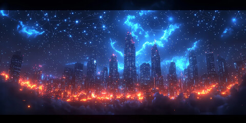 A digital concept of a smart city skyline over a network grid with floating particles, depicted in blue tones against a dark background