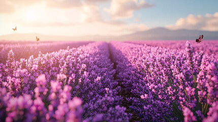 Fototapeta premium Garden filled with rows of blooming lavender, creating a sea of ​​purple with fluttering butterflies