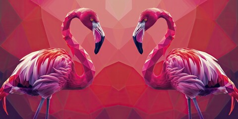 Two pink flamingos with geometric patterns.