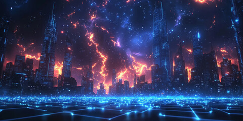 Obraz premium A digital concept of a smart city skyline over a network grid with floating particles, depicted in blue tones against a dark background