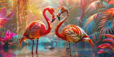 Two flamingos intertwined necks in water.