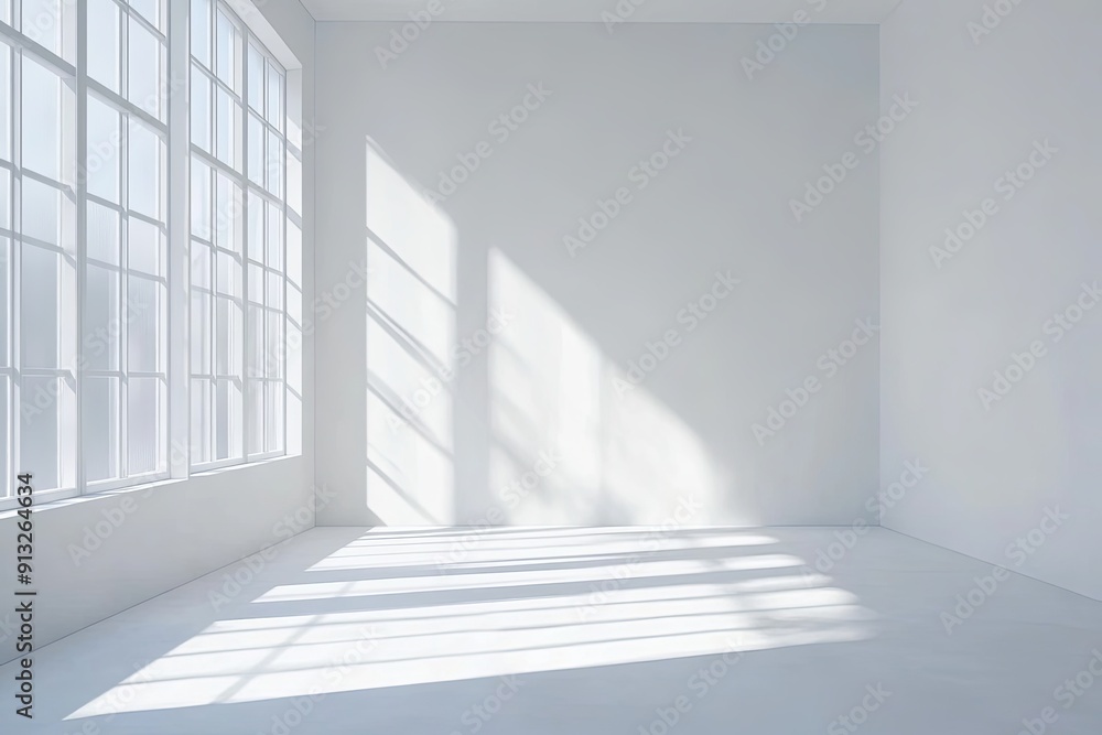 Poster sunlight streams through windows, casting dynamic shadows on the white walls and floor of the empty 