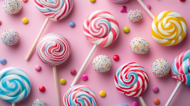Colorful lollipops and candies on pink background