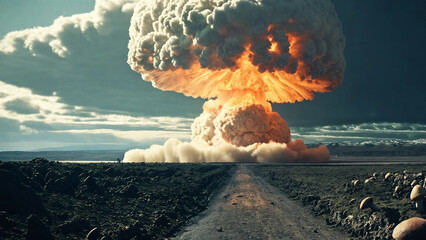 Nuclear bomb explosion, mushroom cloud, widescreen 16:9, 300 dpi, with space for text