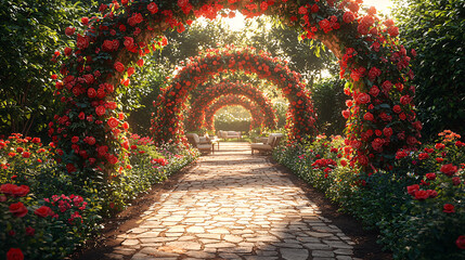 Vaulted garden covered with climbing roses and wisteria, with a cobbled path leading to a comfortable seating area