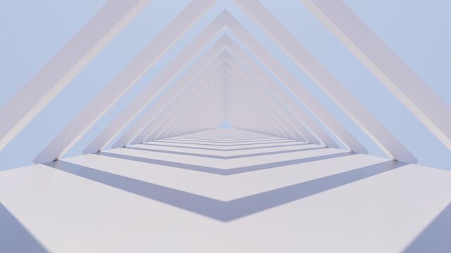 3D render of slow moving camera through white triangle constructions in day light with sun shadows on blue sky, 4K seamless loop abstract architectural template