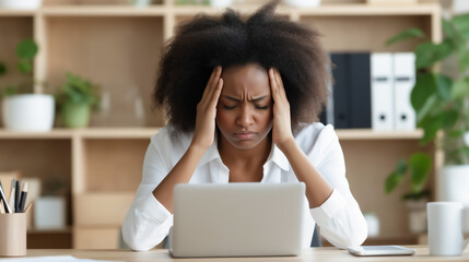Young African-American woman rubbing temples due to migraine pain, copy space