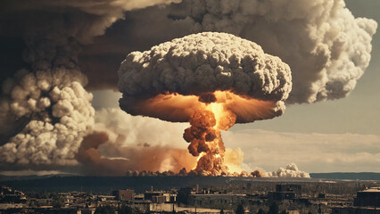 Nuclear bomb explosion, mushroom cloud, widescreen 16:9, 300 dpi, with space for text