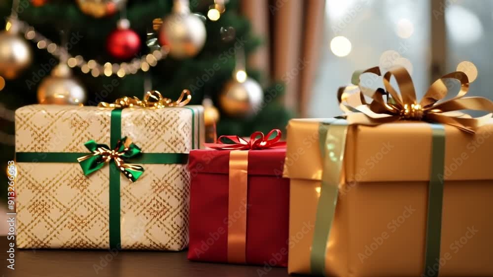 Aufkleber a large box with a green bow sits on a table next to a christmas tree. the box is wrapped in shiny p