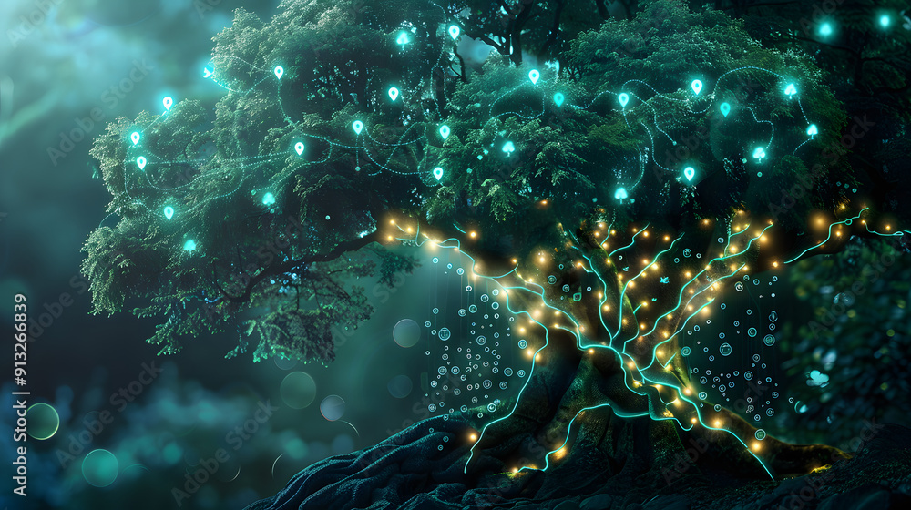 Poster tree of life with leaf-shaped user icons connected by glowing sap channels