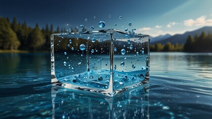 High-resolution, digitally rendered image featuring a transparent, glass-like cube filled with water, floating on a serene lake. The cube is depicted with water droplets splashing out
